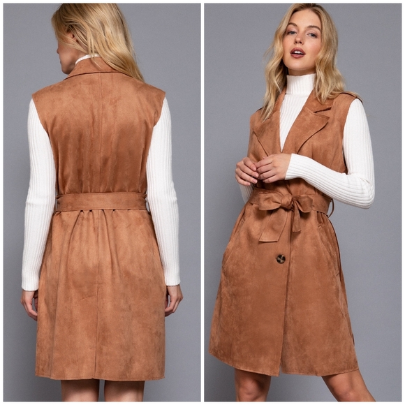 Gorgeous Faux Suede Caramel Longline Oversized Vest - Picture 6 of 9